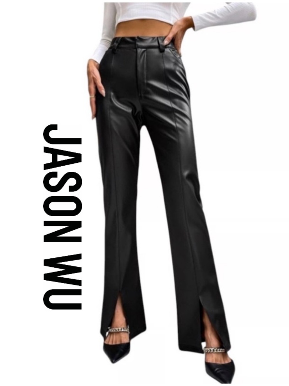 Jason Wu Black Faux Leather (vegan leather) trouser Pants with Front Slits Med